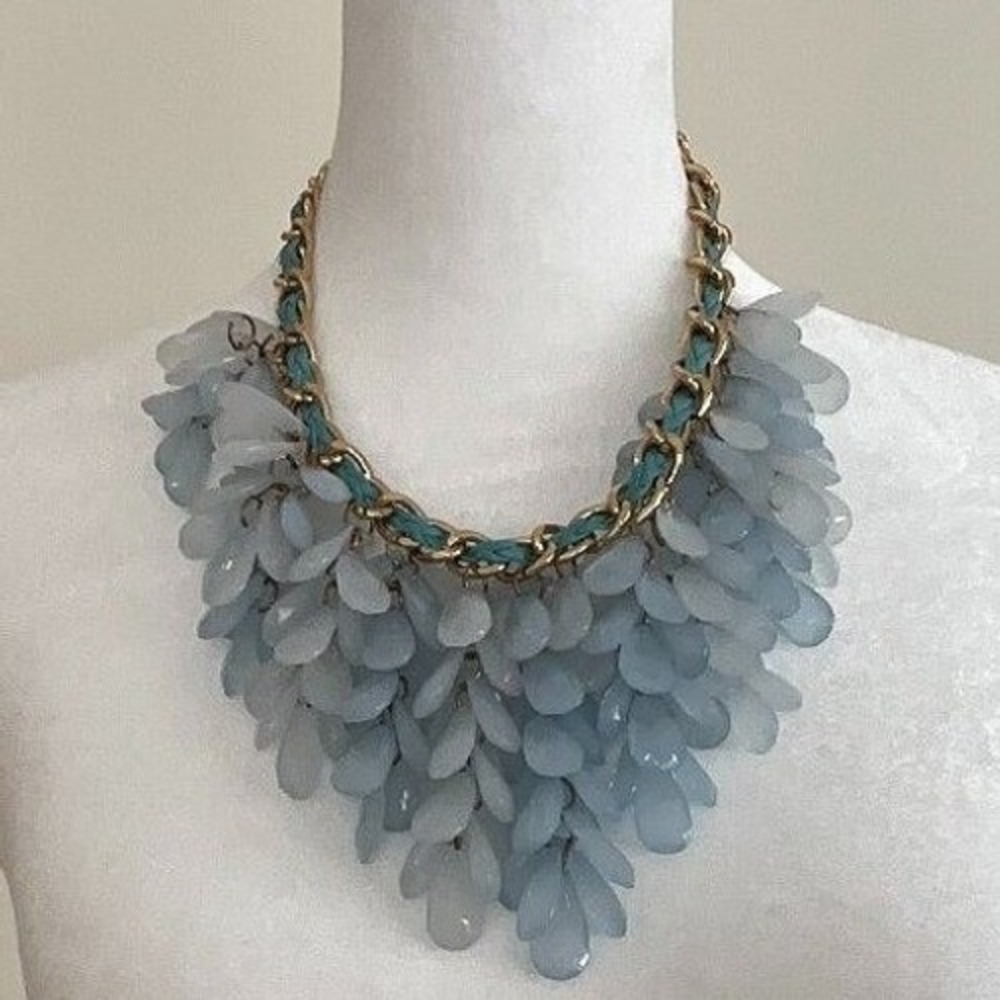 Statement Bib Necklace Frosted Blue Resin Teardrop Petals Gold Chain Turquoise